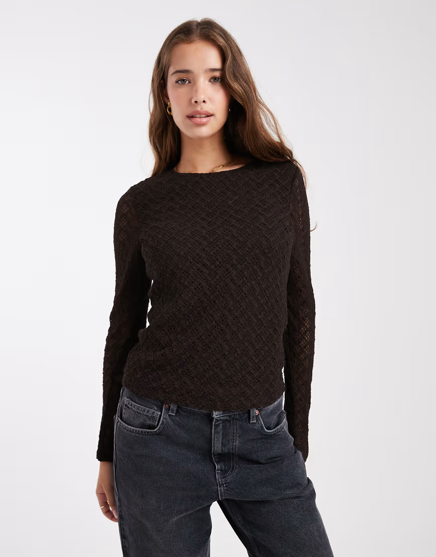 ONLY lace long sleeve top in brown | ASOS (Global)