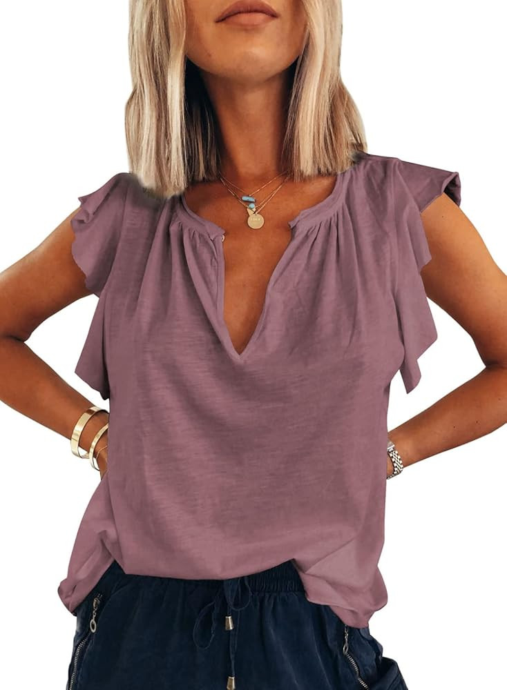 Dokotoo Women's Casual V Neck Ruffle Sleeve Summer Tank Tops Shirts | Amazon (US)