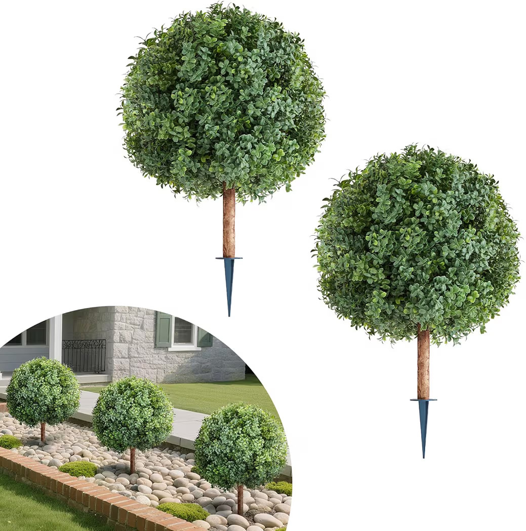 VEVOR Artificial Topiary Boxwood Trees with Ground Spike, 27 inch 2 Set Faux Shrubs & Bushes Pott... | Amazon (US)