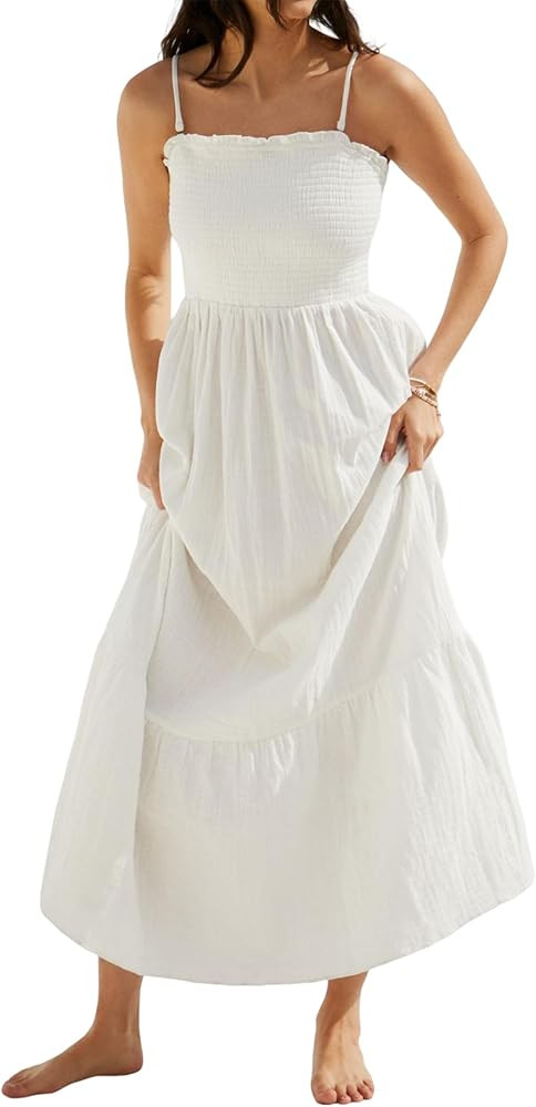 R.Vivimos Womens Summer Boho Cotton Maxi Dress Adjustable Spaghetti Strap Elastic Smocked Casual ... | Amazon (US)
