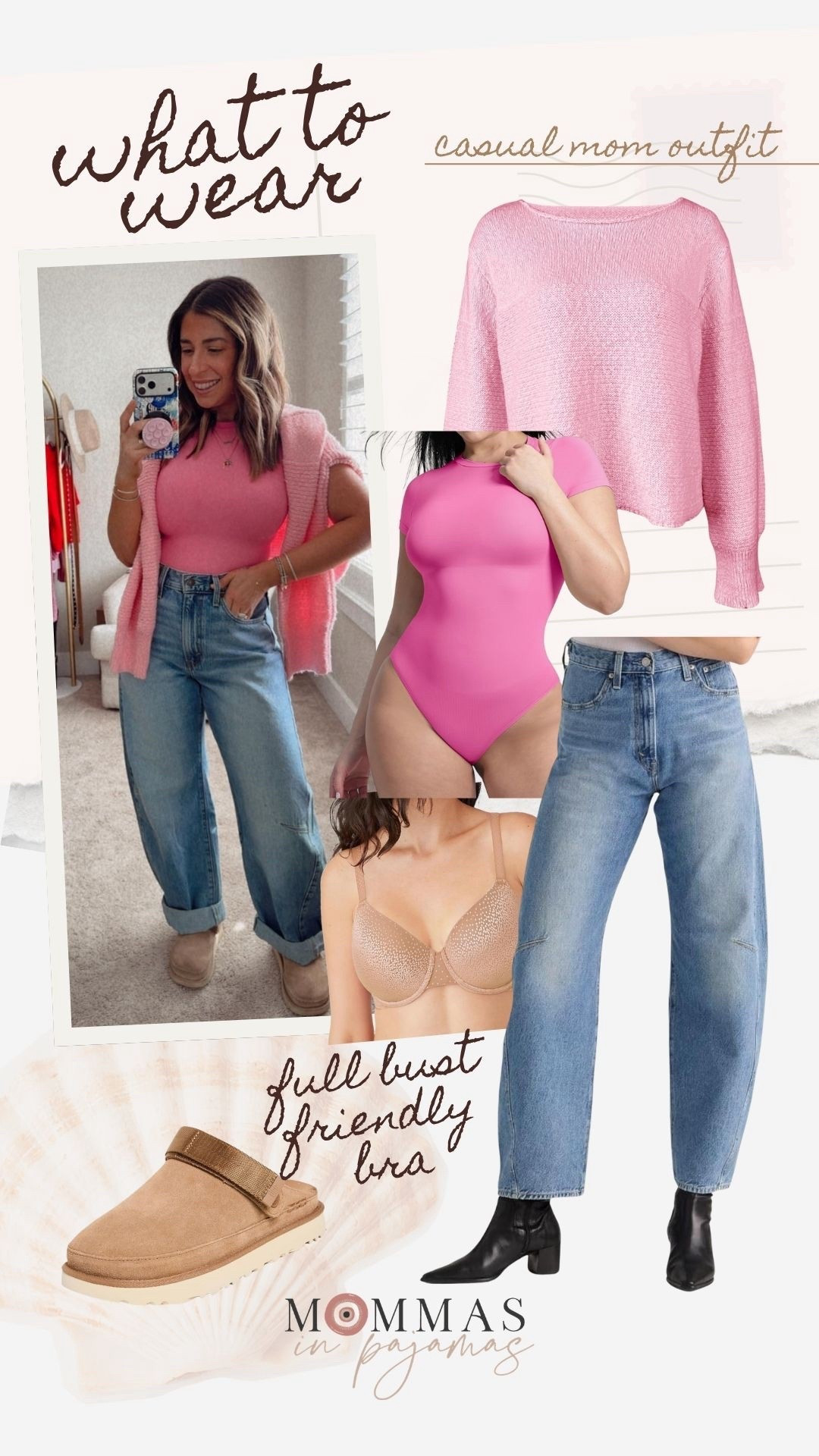 How freaking good is this pink for springtime? This bodysuit is incredibly flattering and I love that this bra is full bust friendly, smooths everything out and looks seamless under this bodysuit. These Amazon Levi’s are short girl approved and so on trend and my fav Uggs complete this casual mom outfit. 
Casual spring outfit inspo, how to wear crew neck sweater 

#LTKMidsize #LTKPetite #LTKSeasonal
