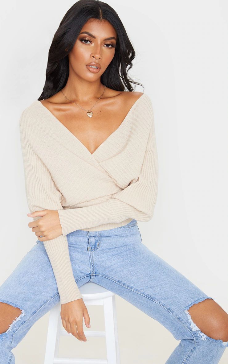 Stone Wrap Off The Shoulder Sweater | PrettyLittleThing US