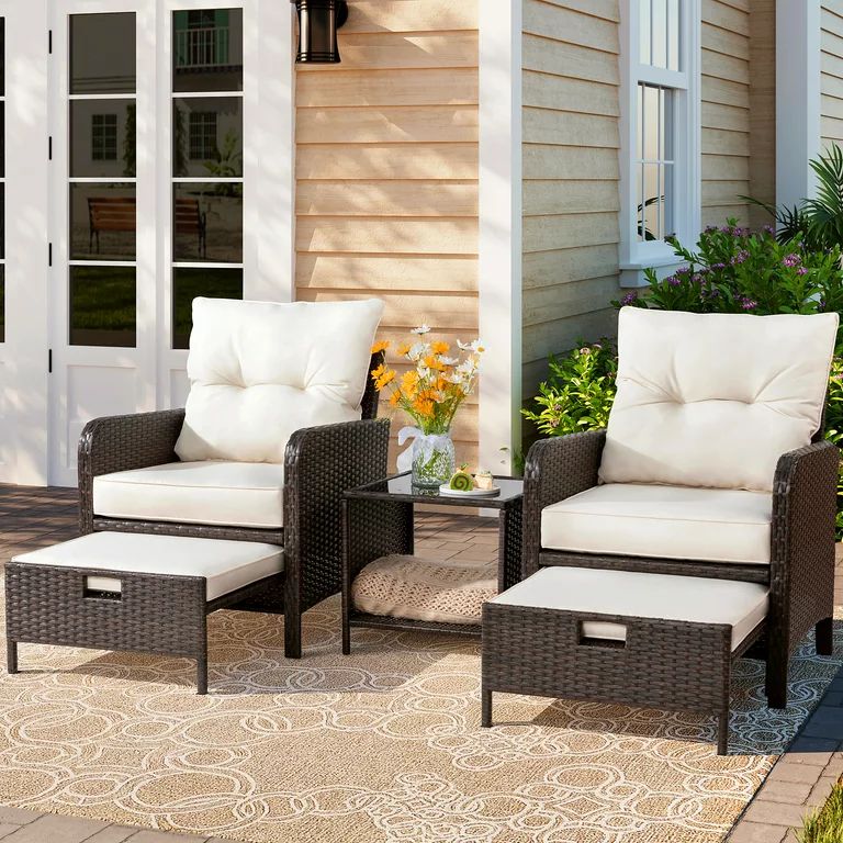 Sobaniilo 5 Piece Patio Furniture Set, Outdoor PE Wicker Chairs for Two with Ottoman Underneath(B... | Walmart (US)