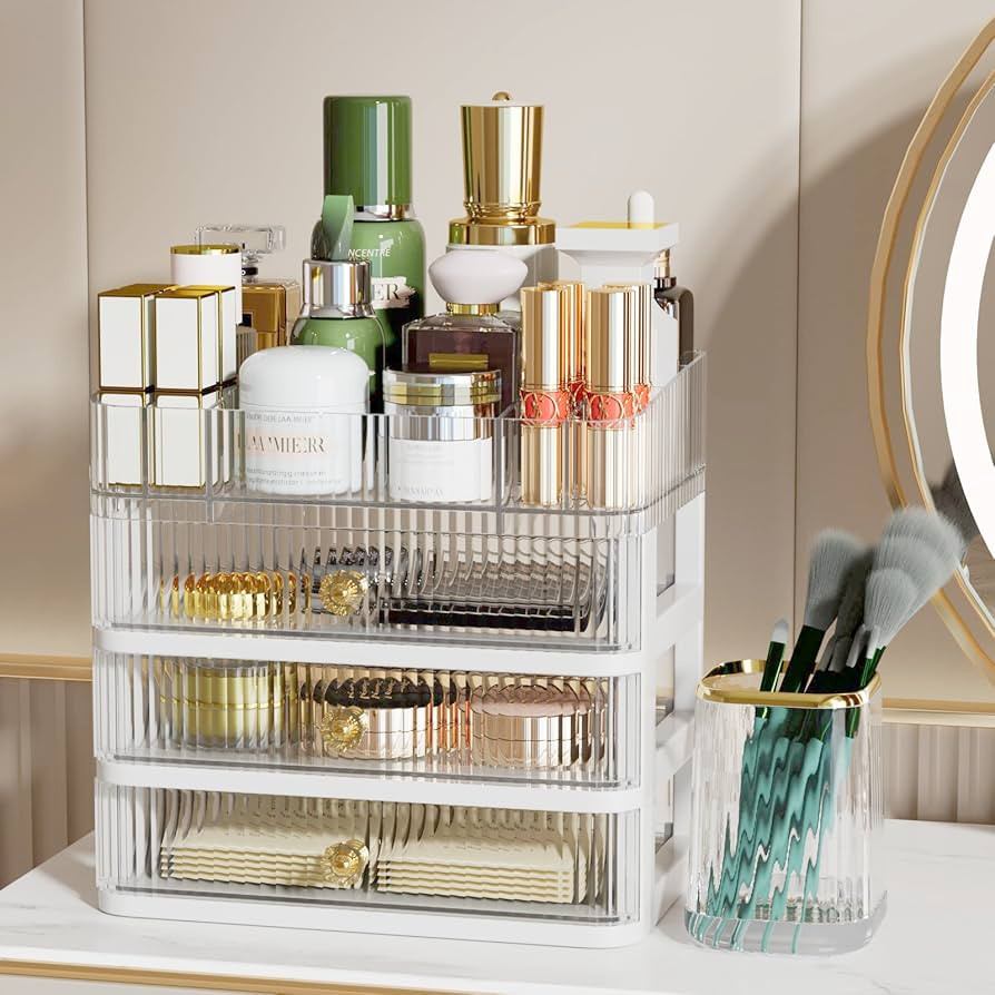 AZeeKMon Makeup Organizer with 3 Drawers and Brush Holder, Cosmetics Organizer for Bedroom and Ba... | Amazon (US)