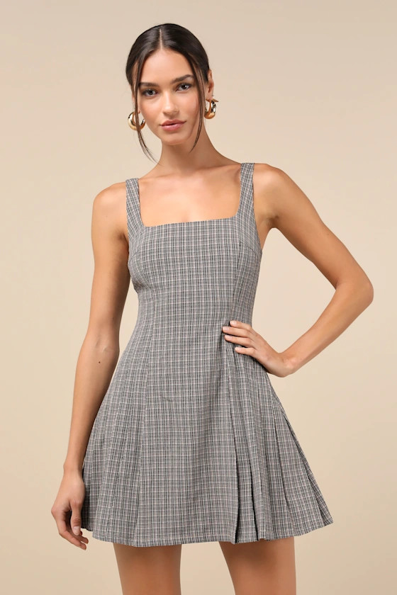 Charming Dynamic Brown Plaid Sleeveless Pleated Mini Dress | Lulus
