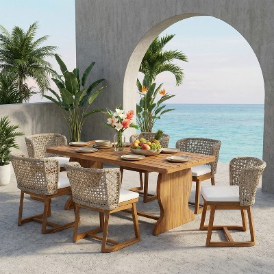Christopher Knight Home Arjun Modern 7 Piece Acacia Patio Dining Chairs with Natural Wicker and Slatted Table, Teak/Beige | Target