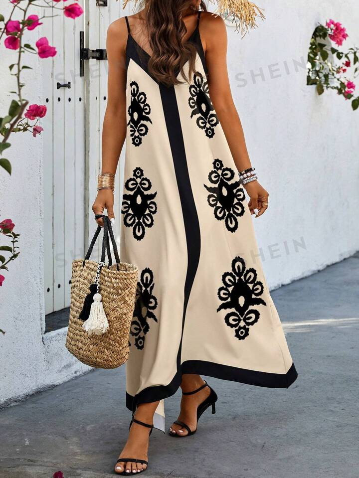 SHEIN VCAY Pattern Printed V-Neck Spaghetti Strap Dress | SHEIN