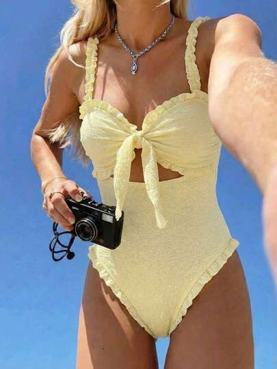 Swim Mod New One-Piece Swimsuit, Sexy & Cute Textured Fabric Bandeau Swimwear, Suitable For Beach... | SHEIN