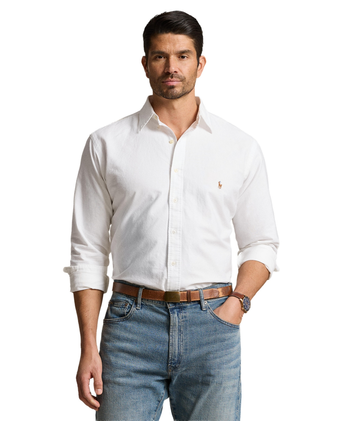 Polo Ralph Lauren Men's Big & Tall Classic Fit Long-Sleeve Oxford Shirt - White/Brown | Macy's