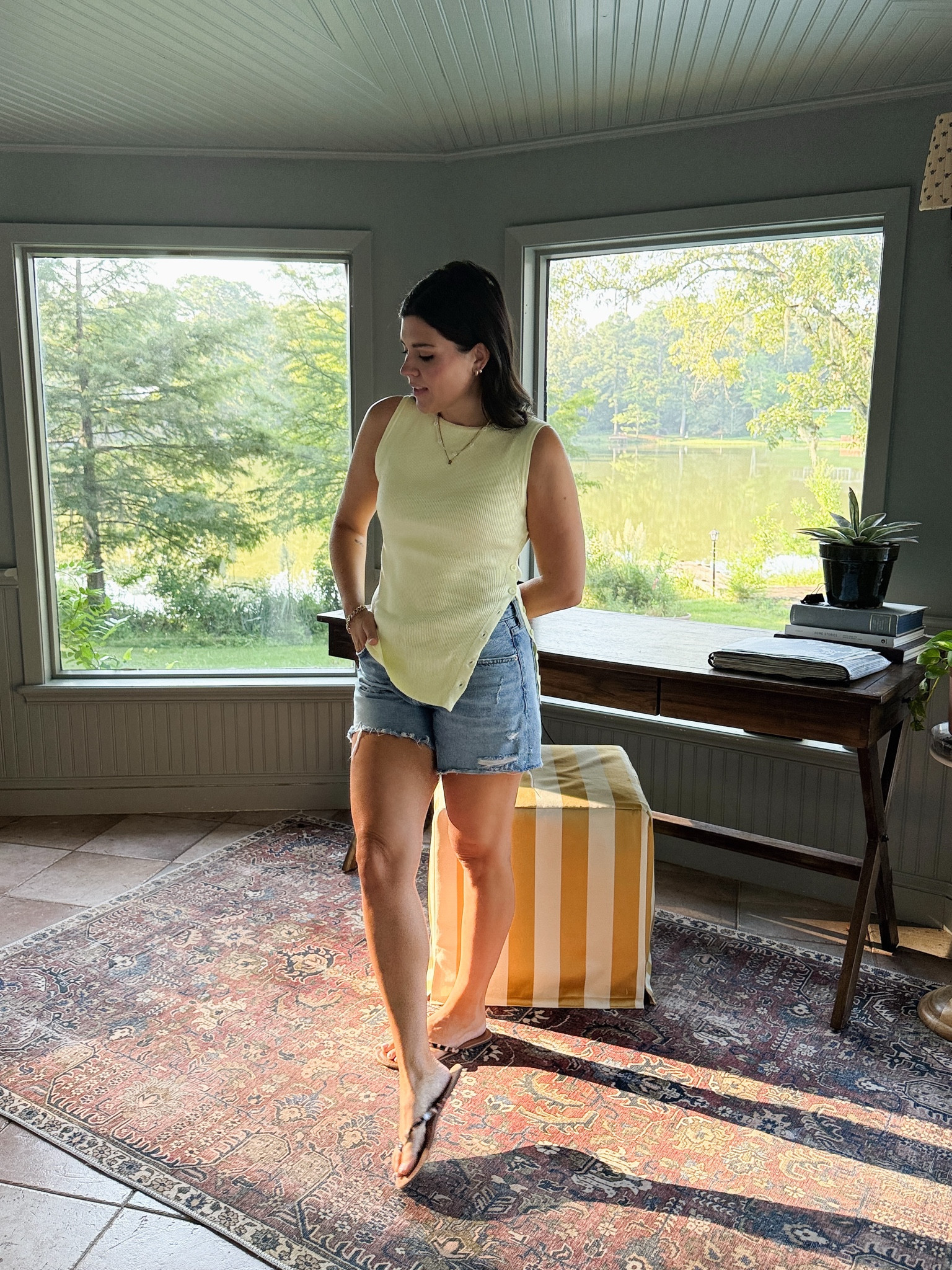 Lightweight knit tank + classic denim cutoffs = effortless everyday outfit perfection. This sleeveless sweater tank is a must-have for warm weather. Easy to style with denim shorts, linen pants, or layered under a blazer for fall transition. Paired here with distressed denim shorts and neutral flip-flops for a relaxed, chic lake-day vibe. 🌿

Perfect for:
☀️ Summer casual outfits
👜 Everyday basics
🌼 Capsule wardrobe essentials
💛 Transitional fall layering

#LTKstyle #LTKunder50 #LTKseasonal #LTKfashion #casualoutfit #everydayoutfit #summerstyle #capsulewardrobe #neutralstyle #summeroutfits #outfitinspo #ltkootd #simpleoutfits