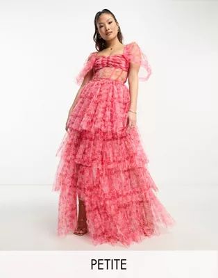 Lace & Beads Petite off shoulder tulle corset maxi dress in pink and red floral | ASOS (Global)