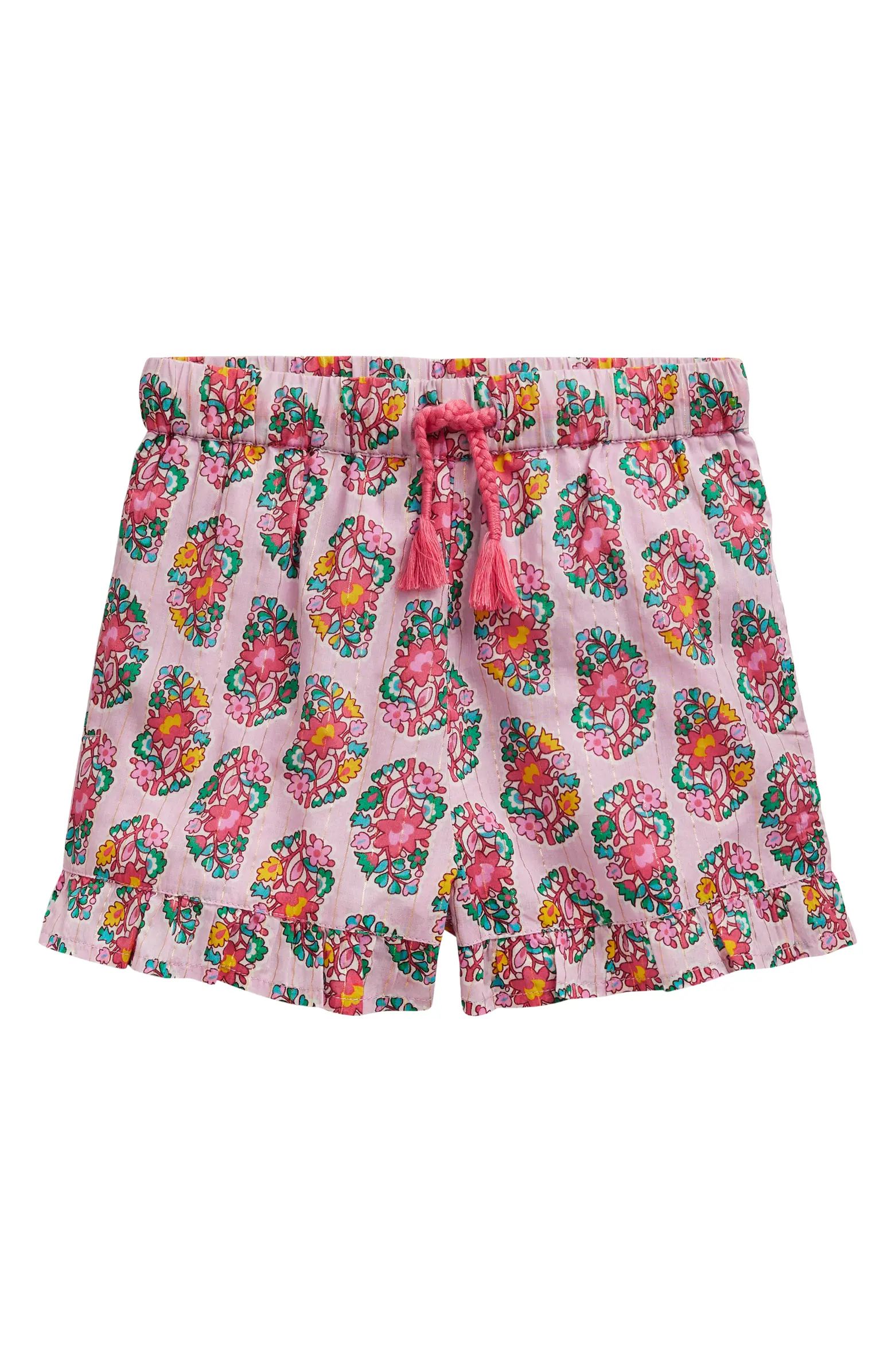 Kids' Floral Metallic Cotton Ruffle Hem Shorts | Nordstrom