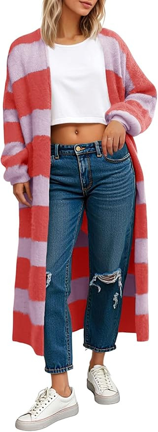 Saodimallsu Womens Striped Long Cardigan Sweaters Open Front Oversized Chunky Fuzzy Knit Fall Dus... | Amazon (US)