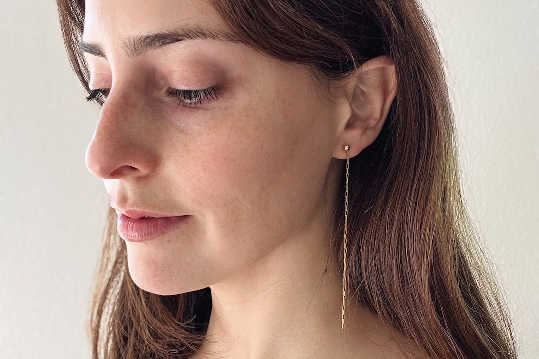 Long gold chain earring shoulder duster dangle delicate subtle lightweight minimal aesthetic hypo... | Etsy (US)