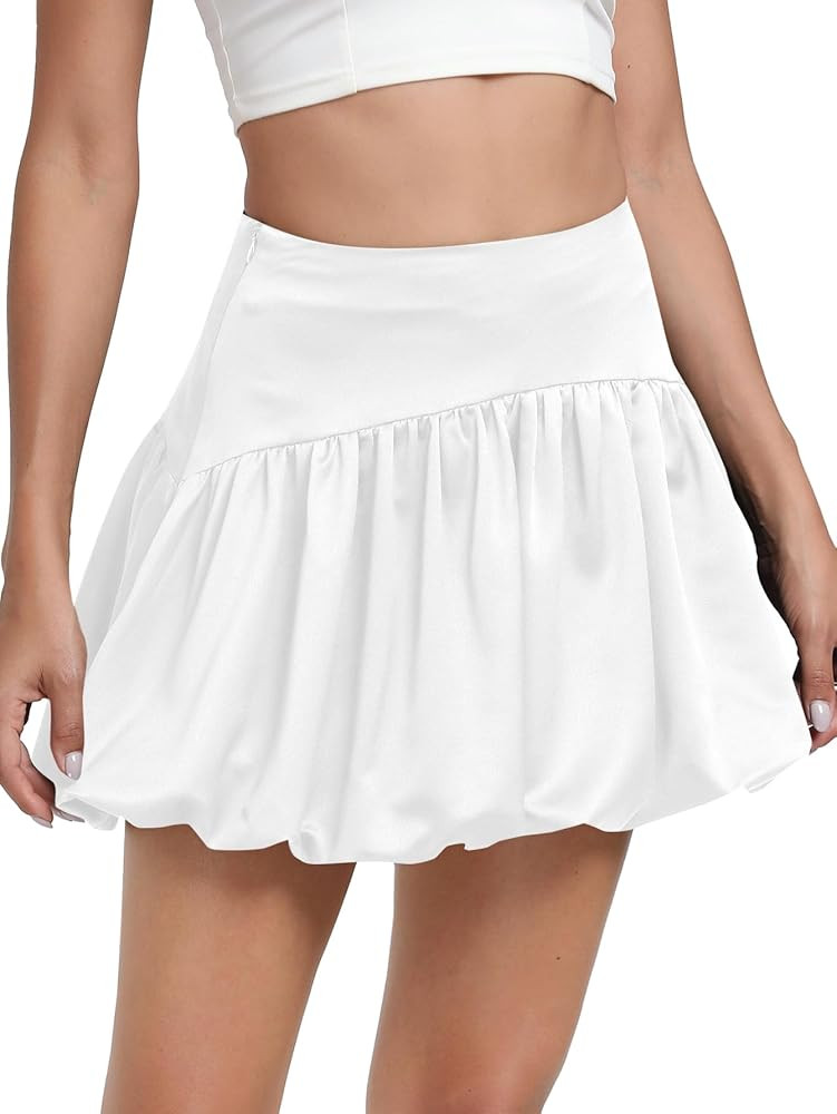 Vrtige Women's Elastic High Waist Pleated Ruffle Hem A Line Short Mini Skirt | Amazon (US)