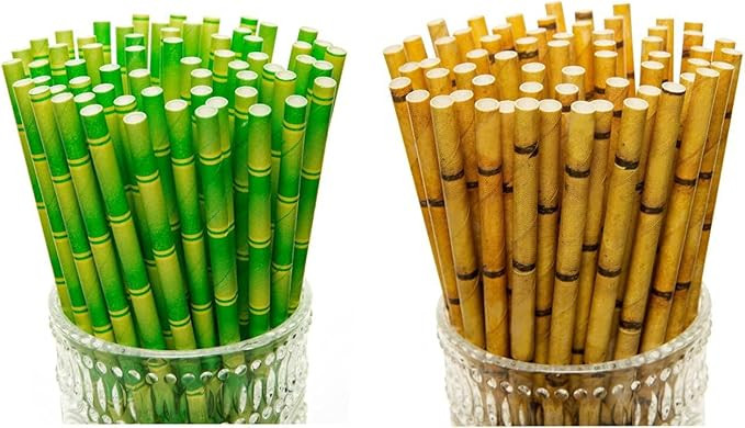 YEHAM 100 Pc 2 Colors Biodegradable Bamboo Print Paper Drinking Straws for Juices Shakes Birthday... | Amazon (US)