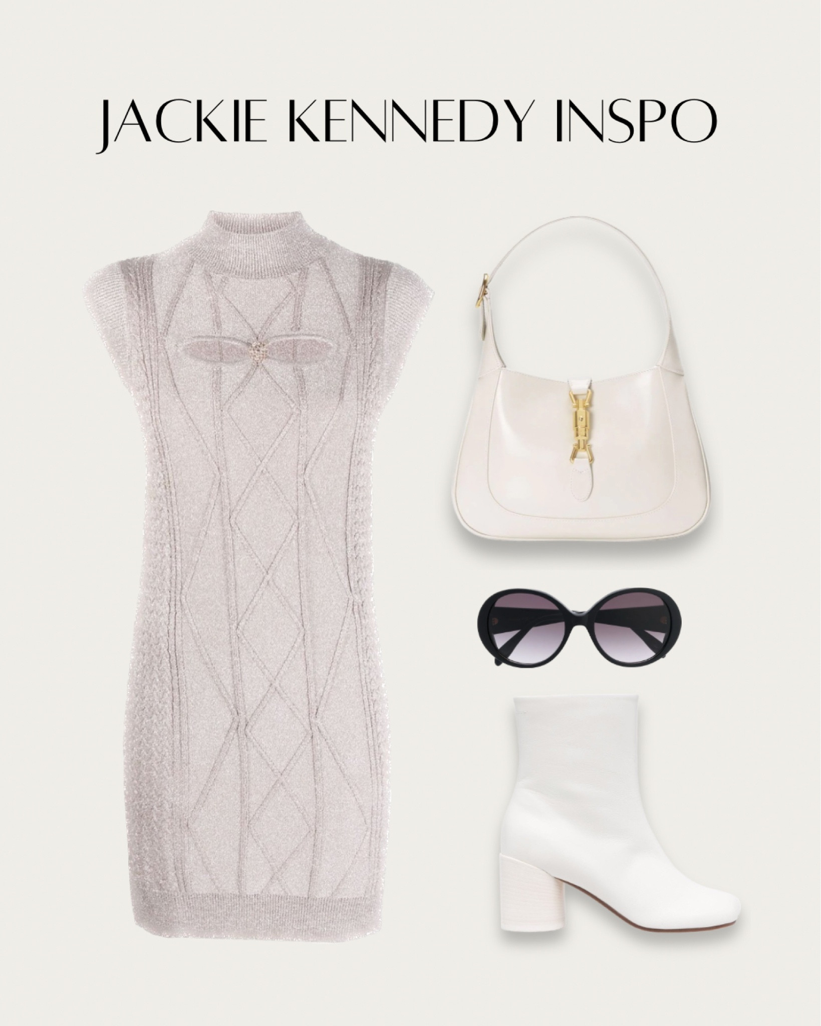 Outfit inspired by Jackie Kennedy’s style: beige cut-out minidress, white Jackie 1961 shoulder bag, white square toe boots and black round sunglasses.

#LTKstyletip #LTKeurope #LTKitbag