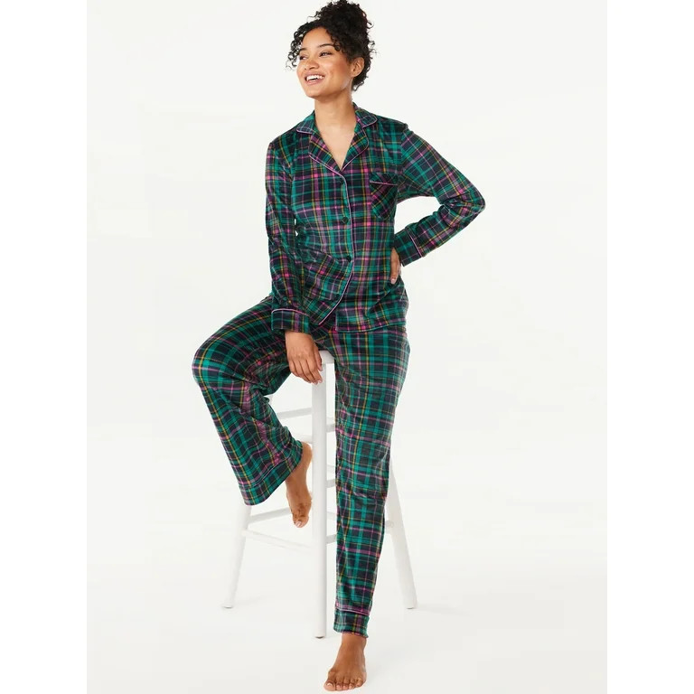 Joyspun Women’s Stretch Velour Notch Collar Top with Pants, 2-Piece Pajama Set, Sizes S to 3X | Walmart (US)