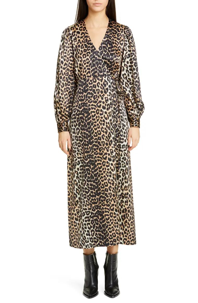 Leopard Print Long Sleeve Silk Satin Midi Wrap Dress | Nordstrom