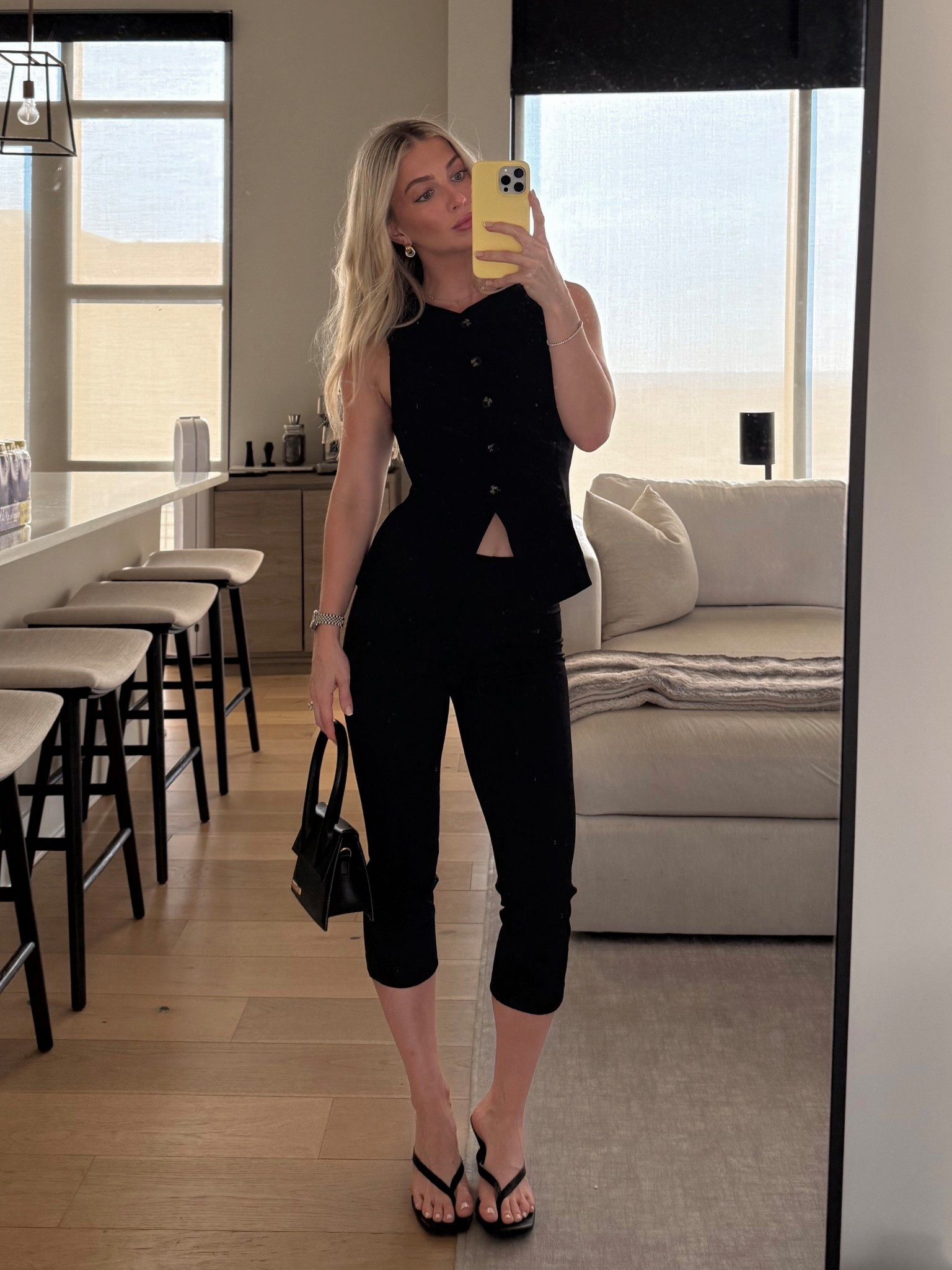 Capri’s: size small, vest: size 2, heels: true to size!