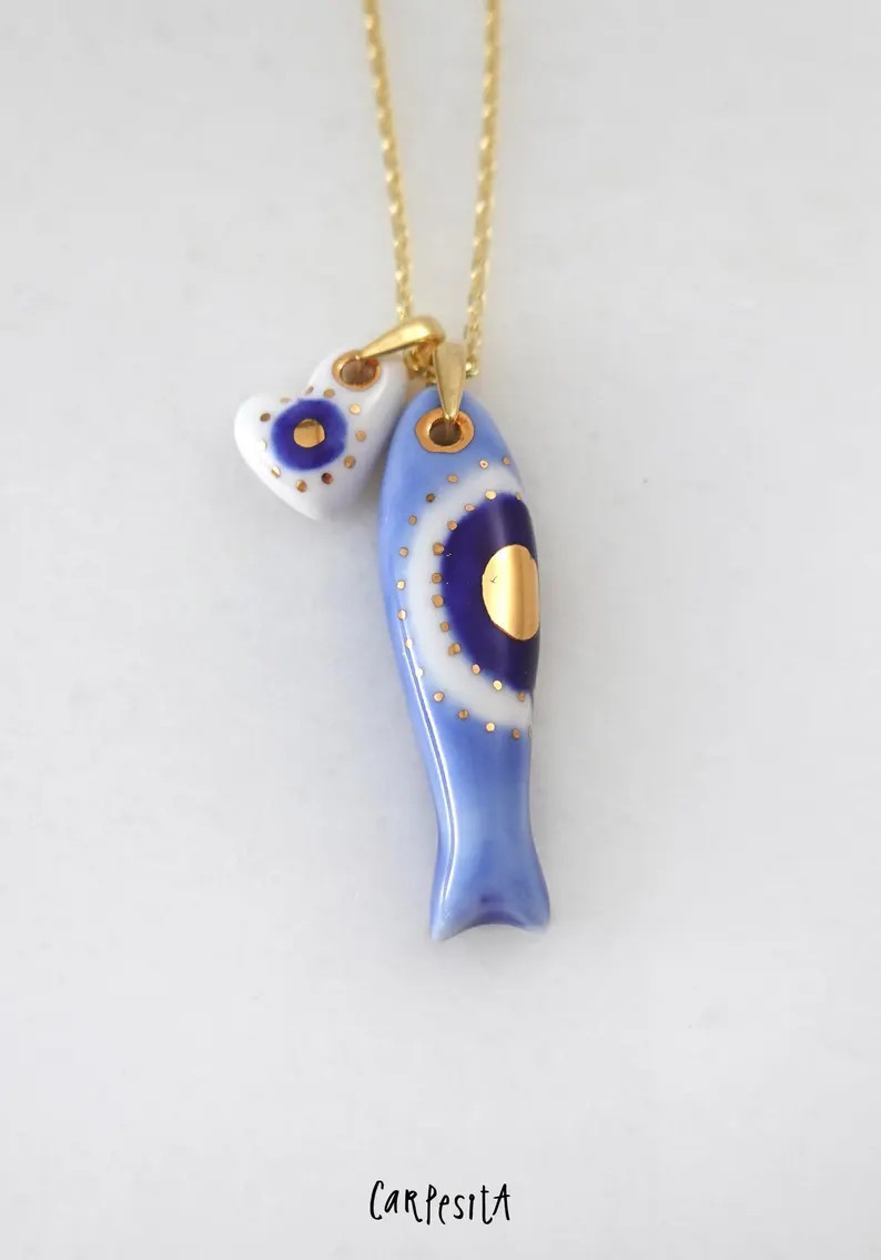 Porcelain Sardine Necklace With Heart Pendant, Blue Fish Jewelry, Good Luck Charm - Etsy | Etsy (Global)