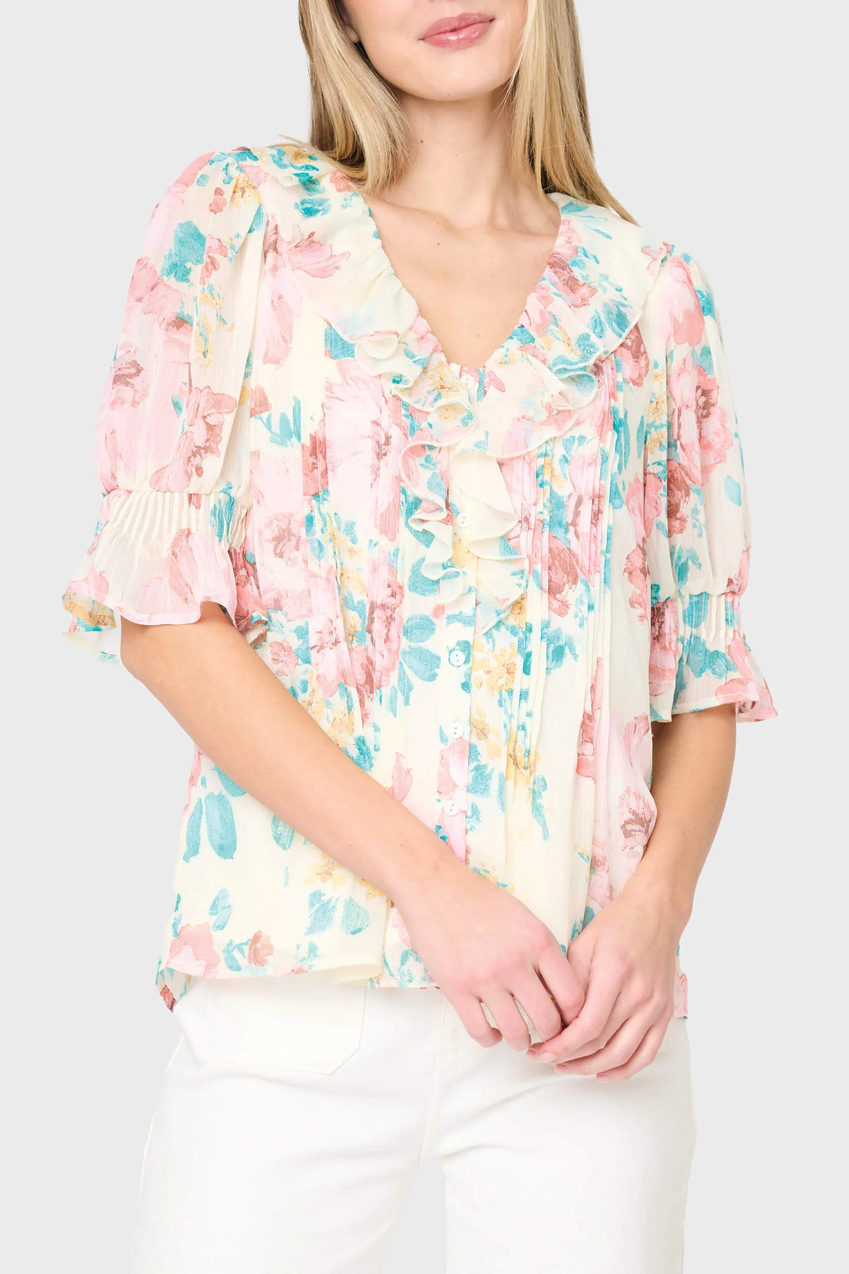 Khloe Ruffle Button Down Blouse | Floral Chiffon Puff Sleeve Top | Gibsonlook