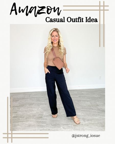 Amazon casual outfit idea. Wide leg pants are high waisted, stretchy and have pockets. Petite and tall lengths available. Come in 14 colors. Top is double lined and soft- gives a smooth look. Sandals have a memory foam insole.

#LTKfindsunder50 #LTKstyletip