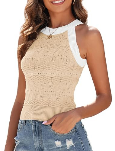 ZAFUL Womens Summer Halter Tops Striped Y2K Sleeveless Racerback Slim Fitted Stretchy Knit Cami Tank Tops, Khaki Block, X-Small | Amazon (US)