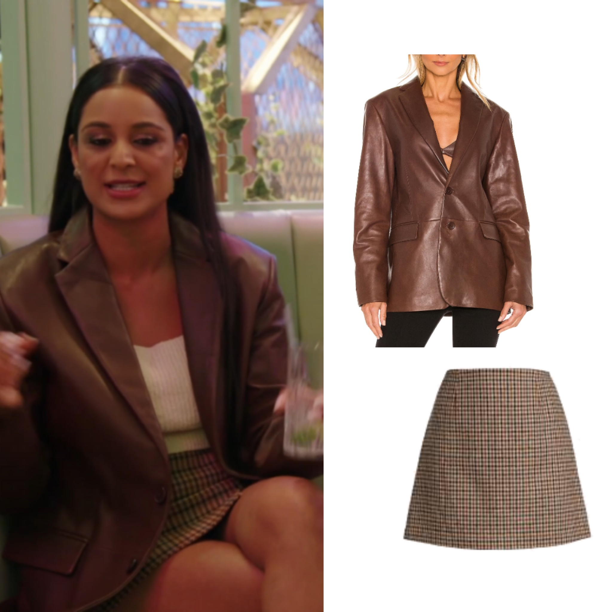 Jessel Taank’s Brown Leather Blazer and Plaid Skirt