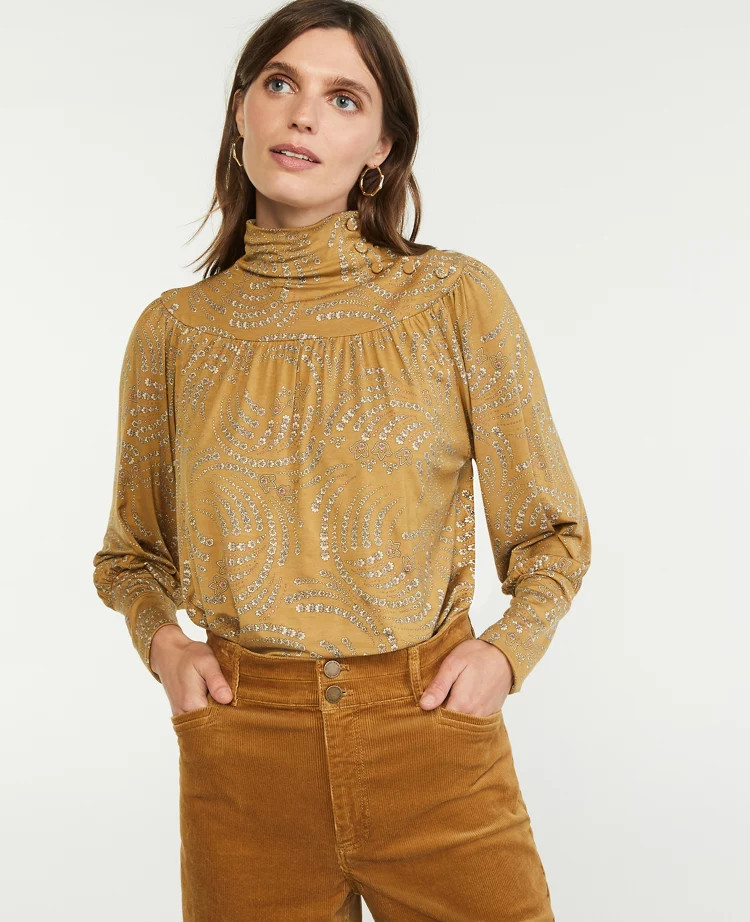 Floral Button Shirred Turtleneck Top | Ann Taylor (US)