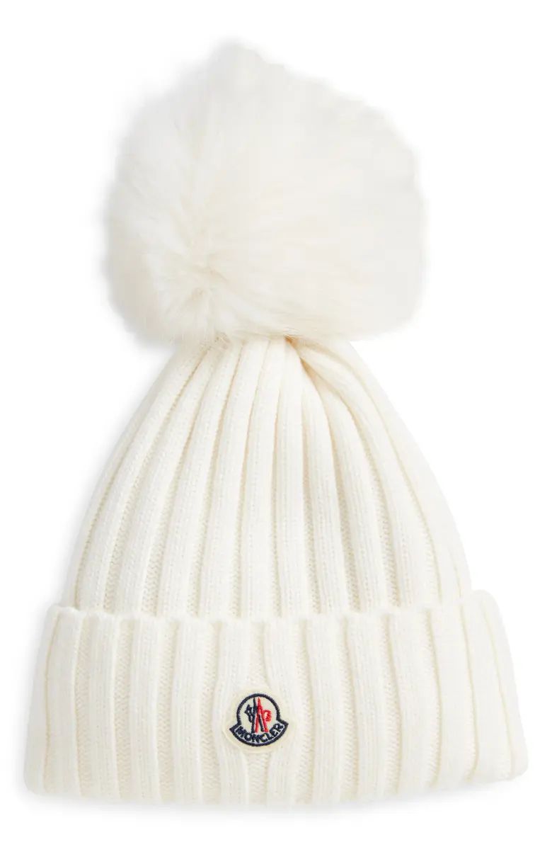 Moncler Virgin Wool Rib Beanie with Faux Fur Pompom | Nordstrom | Nordstrom