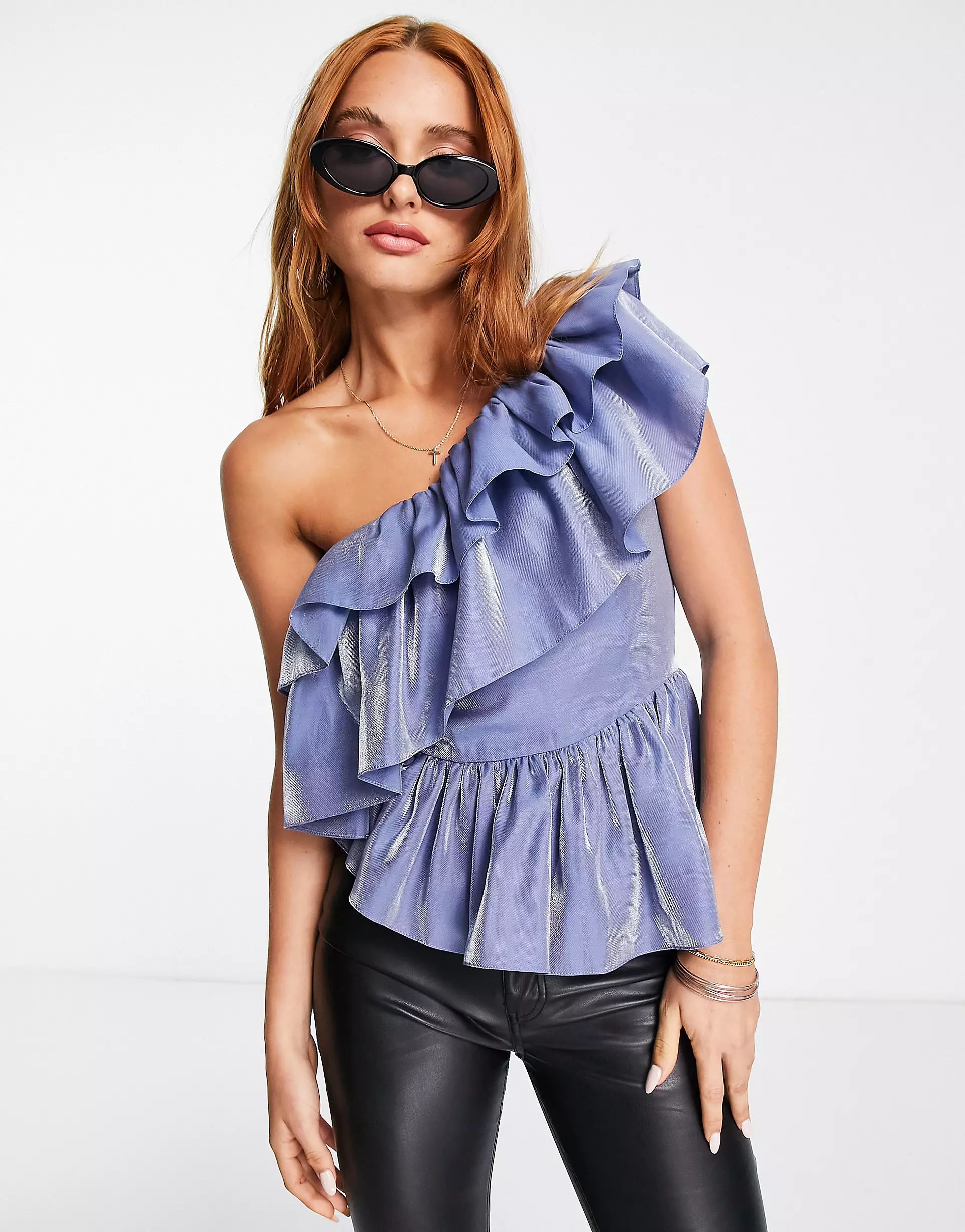 ASOS DESIGN one shoulder top with ruffle and peplum hem in shimmer blue | ASOS (Global)