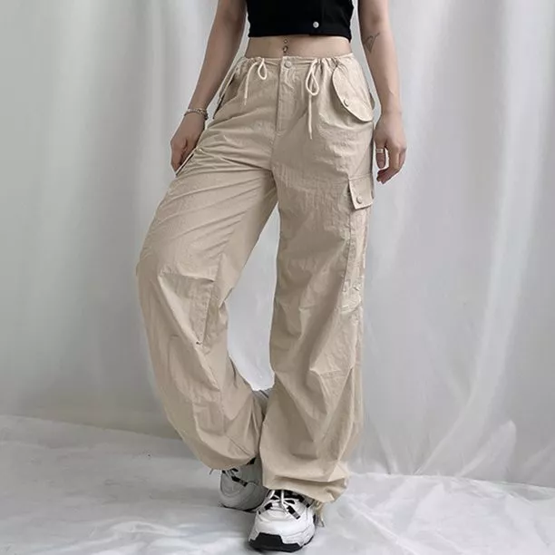 Beige Drawstring Low Waist Cargo Trousers | SilkFred US