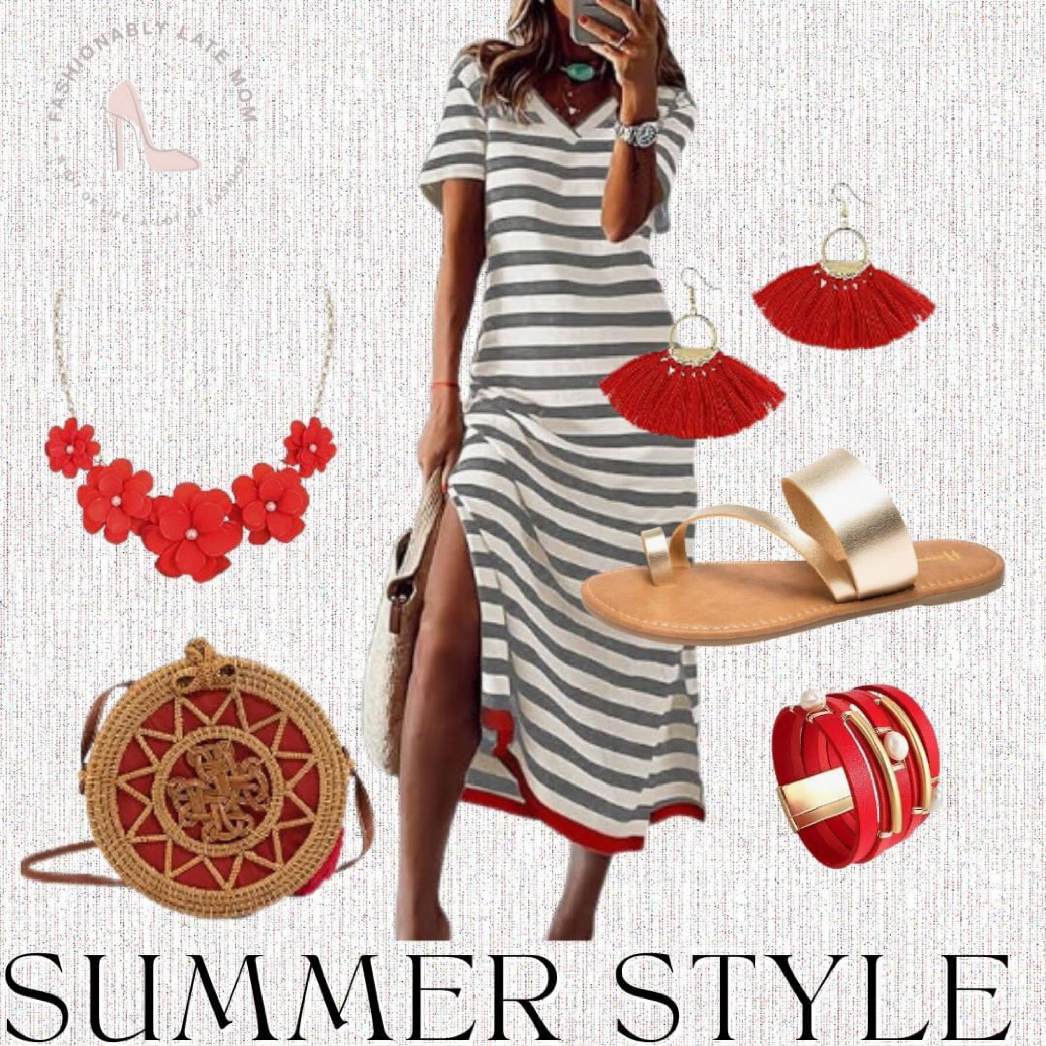 Summer style 
Fashionablylatemom 
Fashionably late mom 
Amazon finds sandals 
Dress
Earrings 