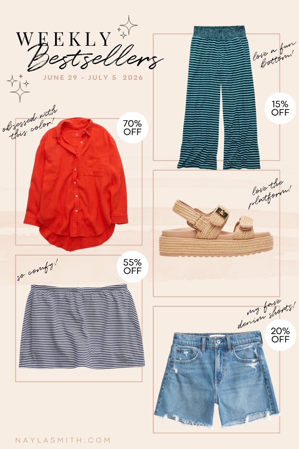 Weekly bestsellers! Orange red cotton gauze button up shirt (I wear L), striped wide leg pants (ordered but they aren’t here yet - got L), striped mini skirt (I wear L), my fave denim shorts (sized up to 32 for a loose comfy fit), platform sandals (Canadian link under “similar products”)

#LTKsale #LTKsummer