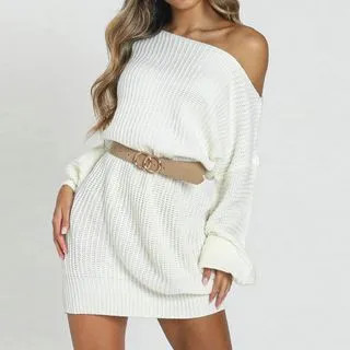 Long-Sleeve Plain One-Shoulder Mini Sweater Dress | YesStyle Global