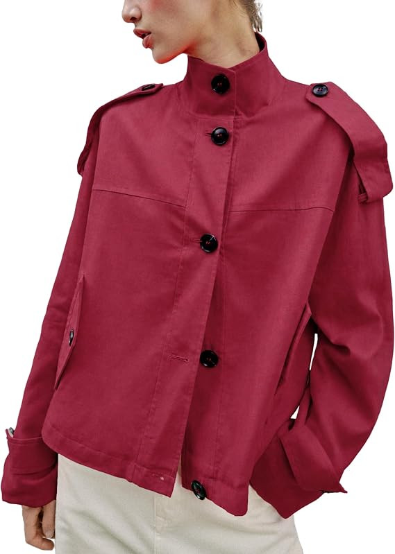 Women's Cropped Trench Coat Casual Oversized Button Down Jacket | Long Sleeve, Stand Collar, Epau... | Amazon (US)