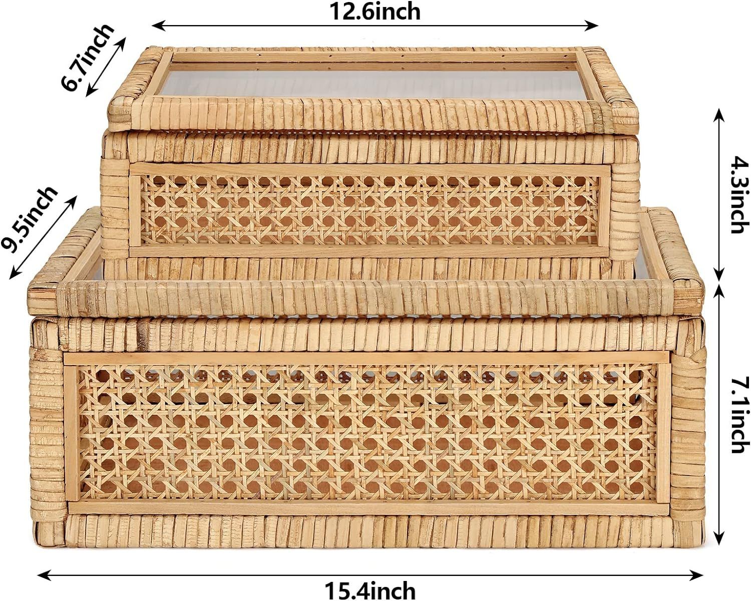 Set of 2 Boho Rectangular Rattan Decorative Boxes with Glass Lids Woven Cane and Rattan Display B... | Amazon (US)