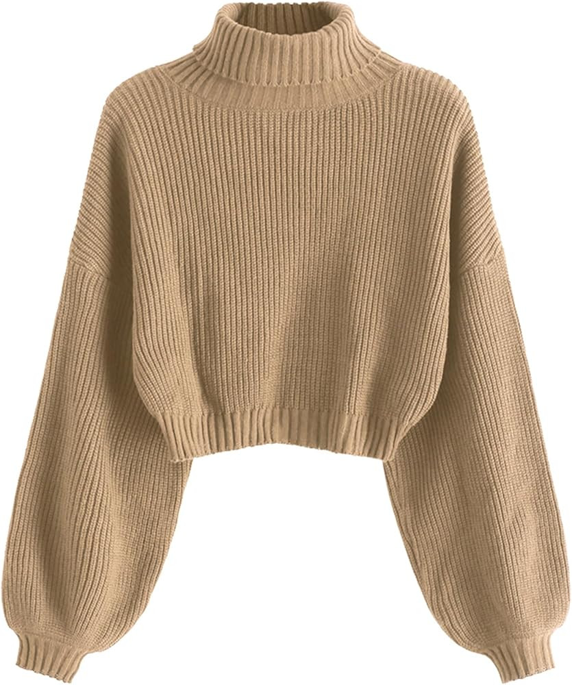 ZAFUL Women's Turtleneck Drop Shoulder Ribbed Knit Plain Pullover Scalloped Hem Crop Sweater Jump... | Amazon (CA)