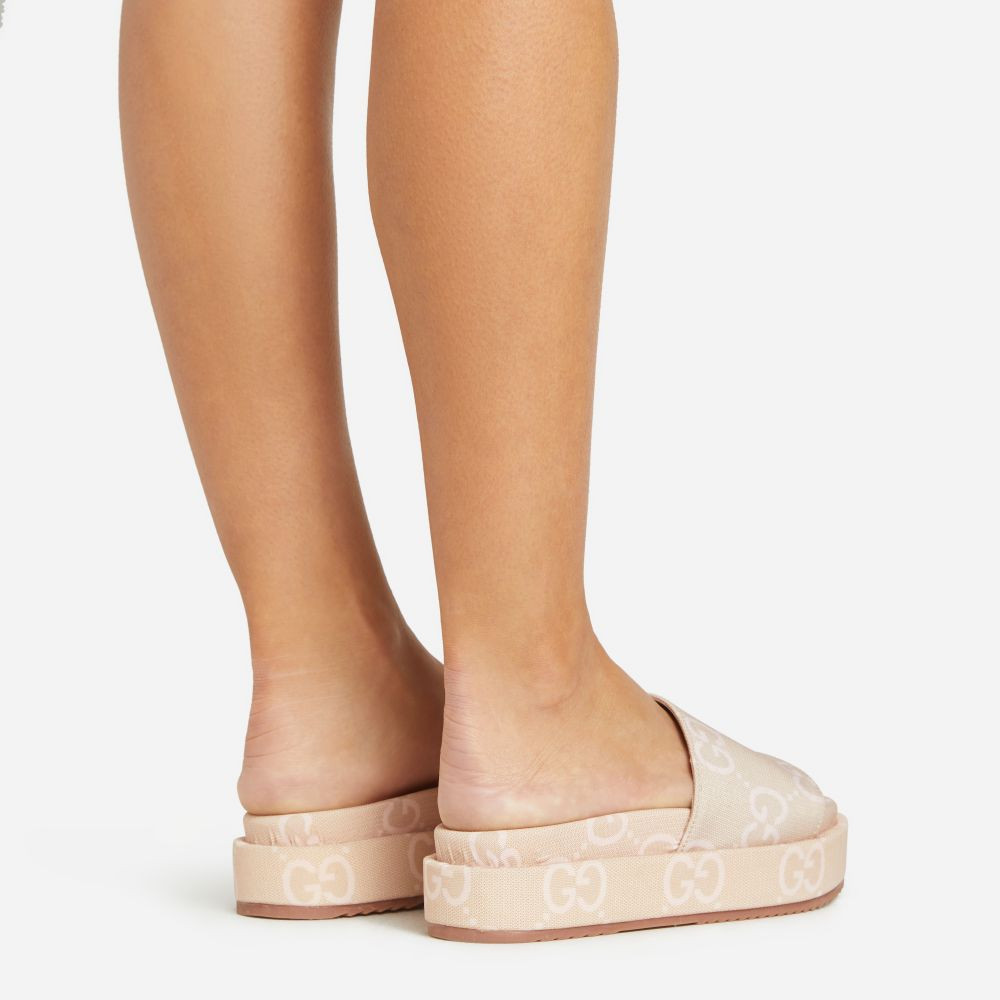 Manic Printed Detail Peep Toe Flatform Slider In Nude Fabric | EGO Shoes (US & Canada)