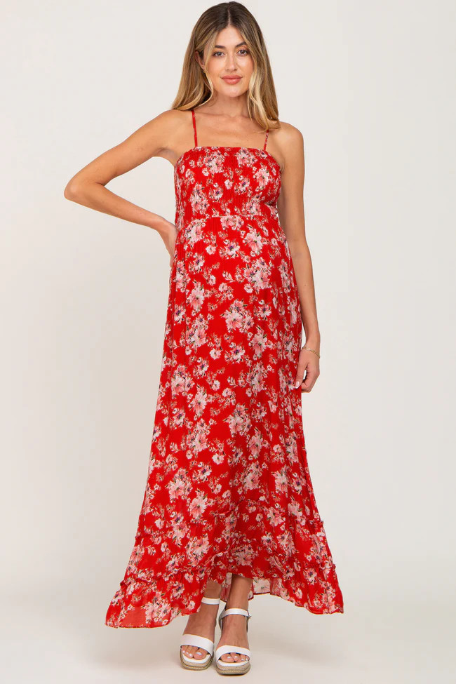 Red Floral Sleeveless Tiered Maternity Maxi Dress | PinkBlush Maternity