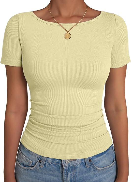 Women's Boat Neck Tops Ribbed Short Sleeve T-Shirts Slim Fitted Tight Y2k Basic Tee Spring Clothe... | Amazon (US)