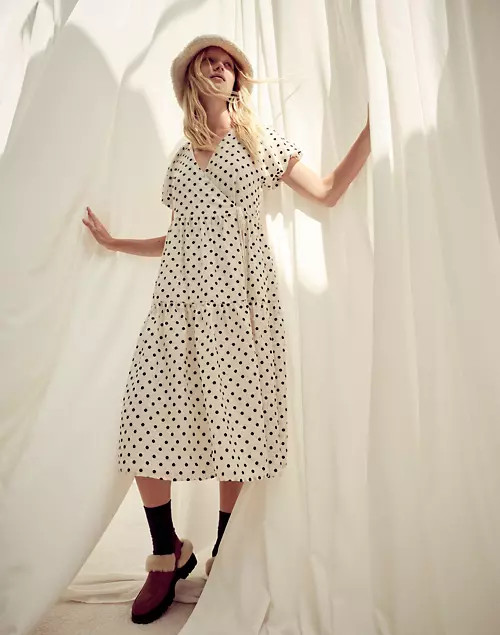 Tiered Puff-Sleeve Midi Wrap Dress in Dot | Madewell