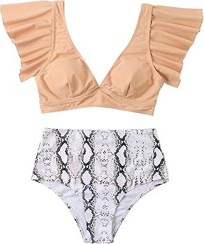MOOSLOVER Women Ruffle High Waisted Bikini Leopard V Neck Push Up Two Piece Swimsuits | Amazon (US)