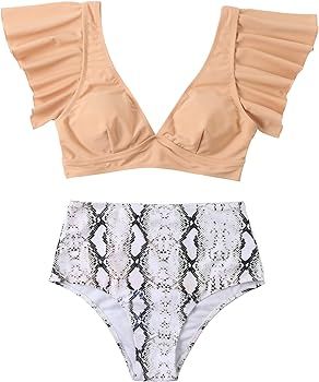 MOOSLOVER Women Ruffle High Waisted Bikini Leopard V Neck Push Up Two Piece Swimsuits | Amazon (US)