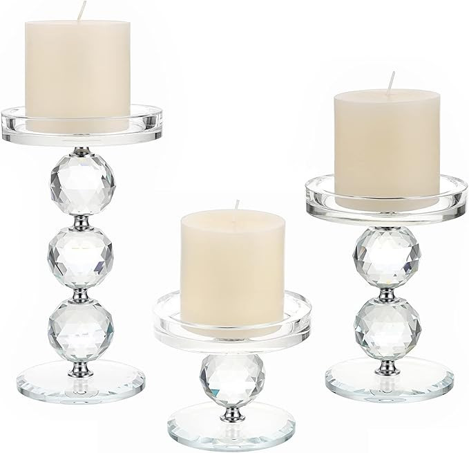 OwnMy Set of 3 Crystal Glass Pillar Candlestick Holders Votive Candle Holder Set, Clear Glass Tea... | Amazon (US)