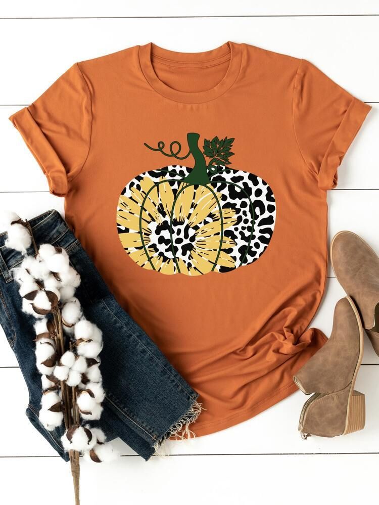 Plus Pumpkin & Leopard Print Tee | SHEIN