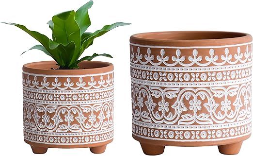 Set of 2 Terracotta Planter Pots, 4.4 Inch & 6.4 Inch, Wave Pattern Plants Pot with Drainage Hole... | Amazon (US)