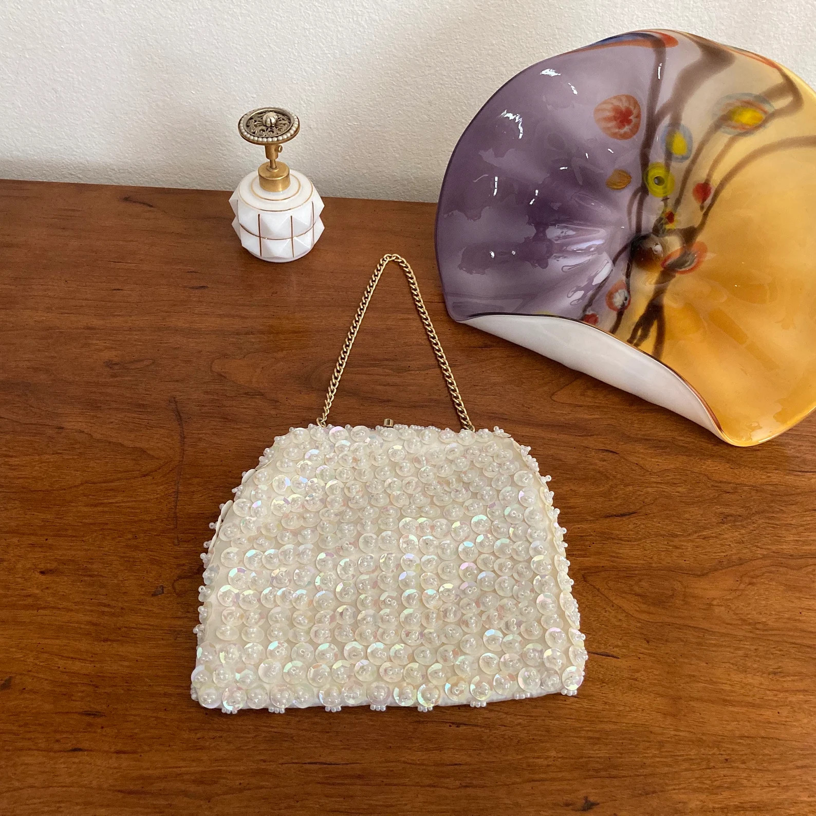 1960s Mr. Ernest Simon white sequin and bead evening handbag with white satin interior, gold hard... | Etsy (US)