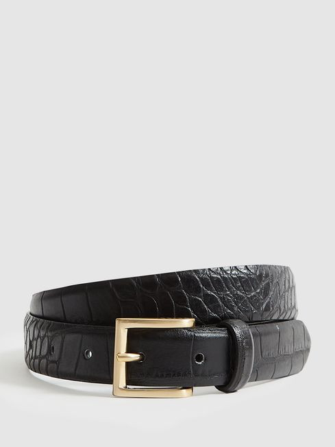 Reiss Black Molly Leather Croc Embossed Belt | Reiss UK
